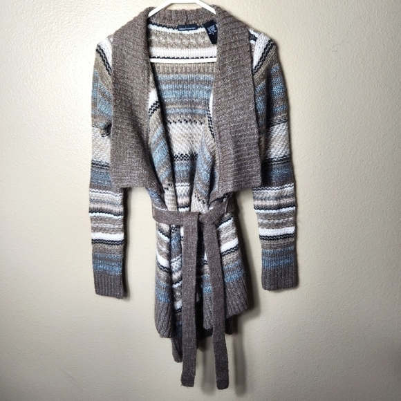 Moda International Mohair/Wool Blend Neutral Striped Long Cardigan w/Tie-Size S - Picture 1 of 5